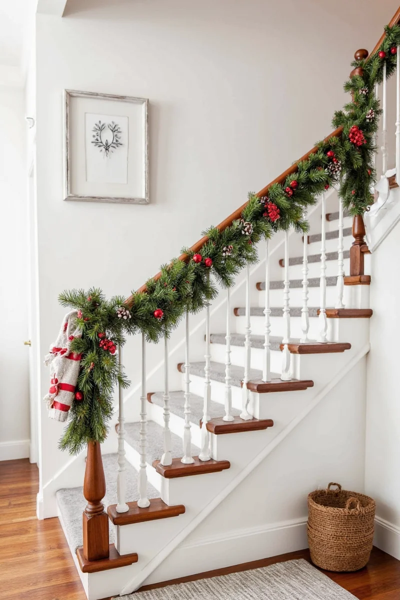 Classic green garland with LED lights on stairs