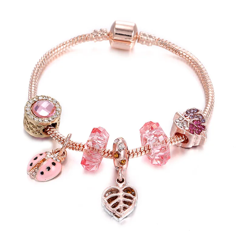 

Popular Insect Jewelry Rose Gold Insect Fall Leaves Pink beads Pendant Miraculous Ladybug Bracelet, Rose gold pink