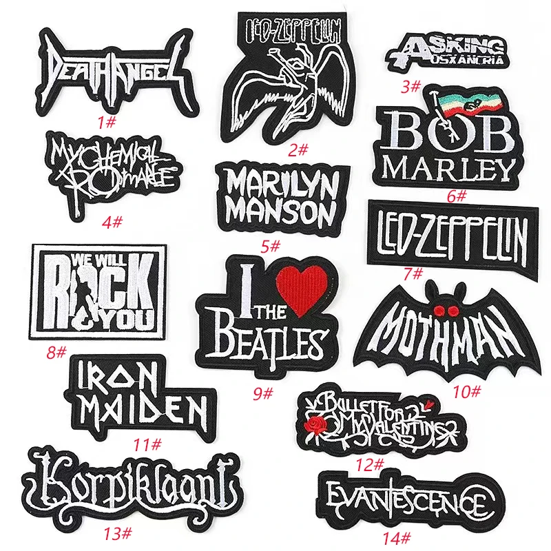 

punk style iron on embroidered custom logo word patches for hat clothes, White black