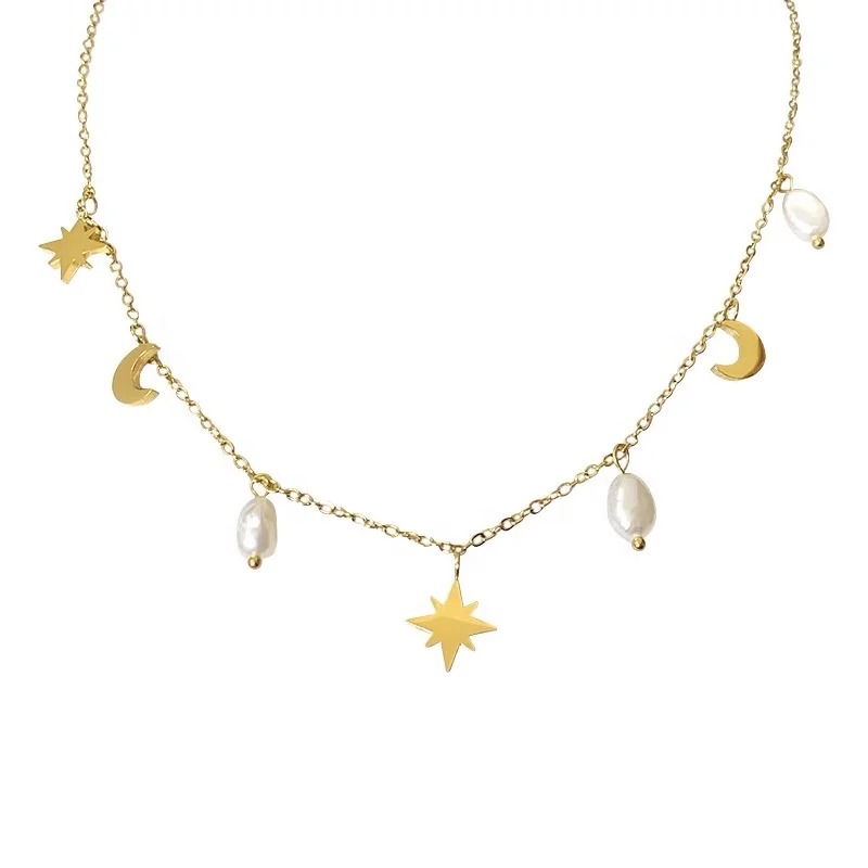 

Fashion Gold Plated Stainless Steel Jewelry Woman Dainty Celestial Moon Chain Choker Star and Moon Pearl Necklace