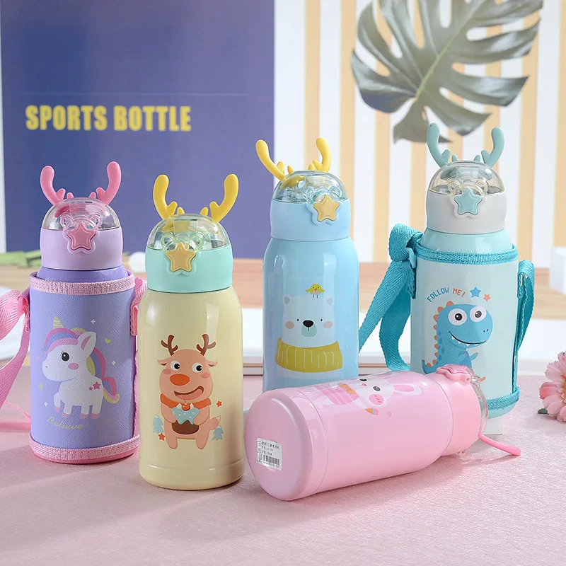 

shoutao creative cute sippy children tumblers Vacuum Thermos flask kids stainless steel water bottle with Silicone straw and bag