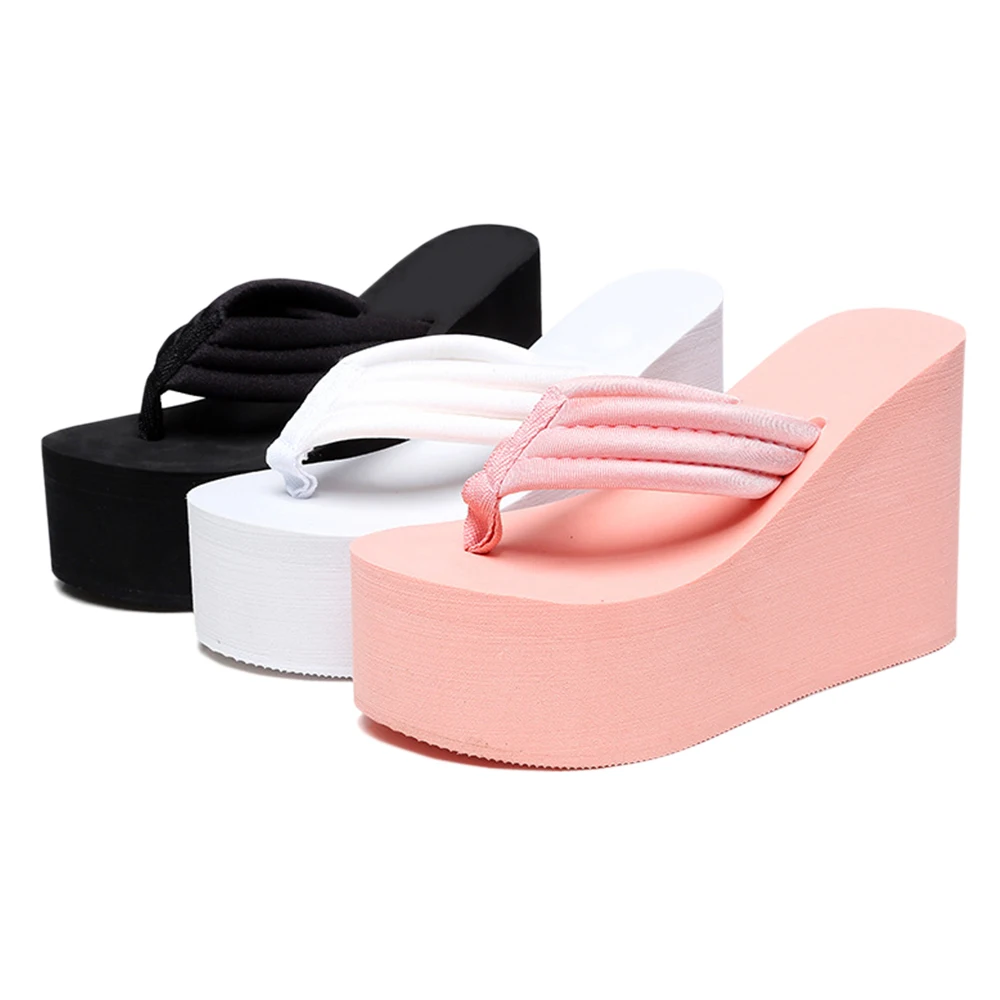 

Low price wholesale solid color platform slope heel light casual ladies flip flops