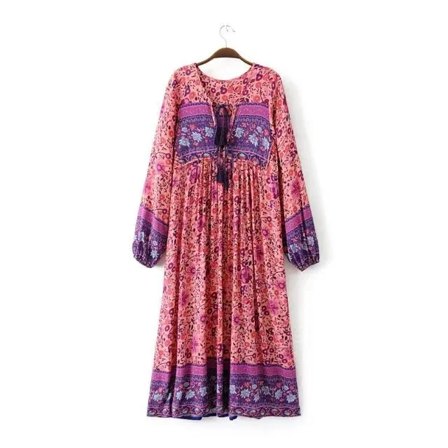 

2021 hot sales bohemian printing casual dress V neck fashion casual dress floral long summer woman dress