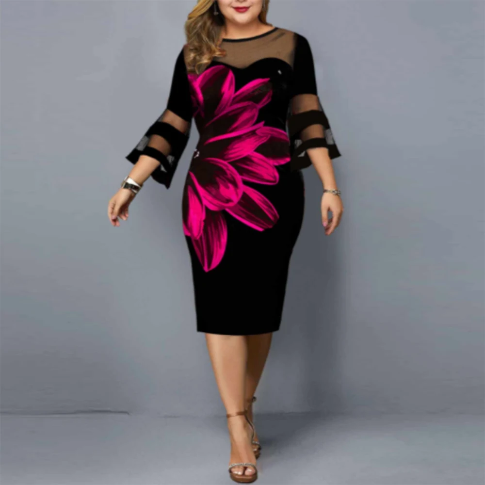 

Plus Size Summer Dress Elegant Mesh Bodycon Women Floral Print Party Dress Flare Sleeve Club Night Outfits Office Black Dresses