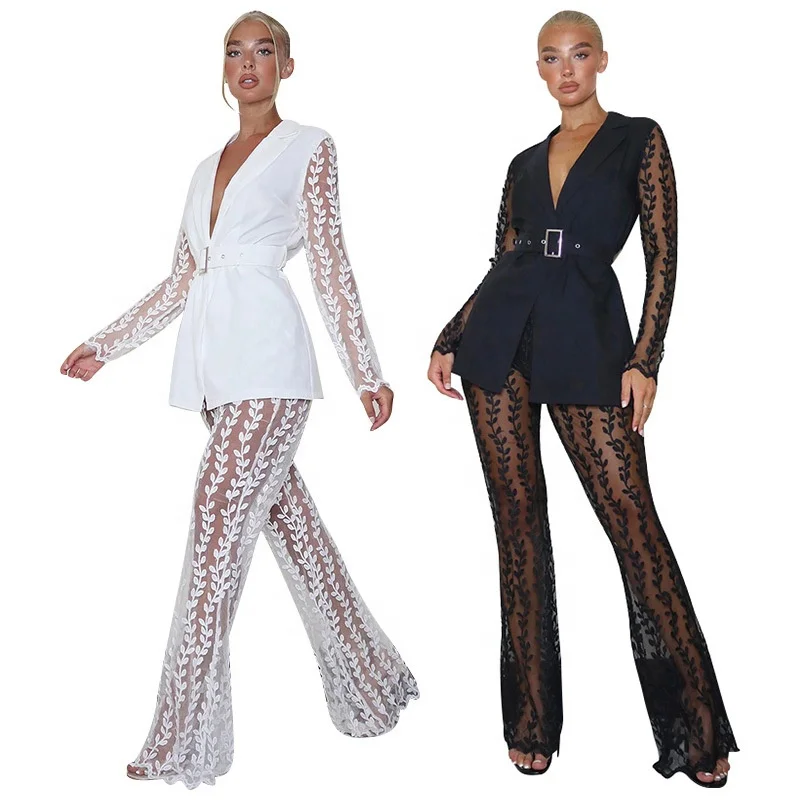 

LW-D104 Hot Outfits Set Women Clothing Sexy See Through Lace Floral Long Sleeve Flared Pants With Belt mesh two piece set women