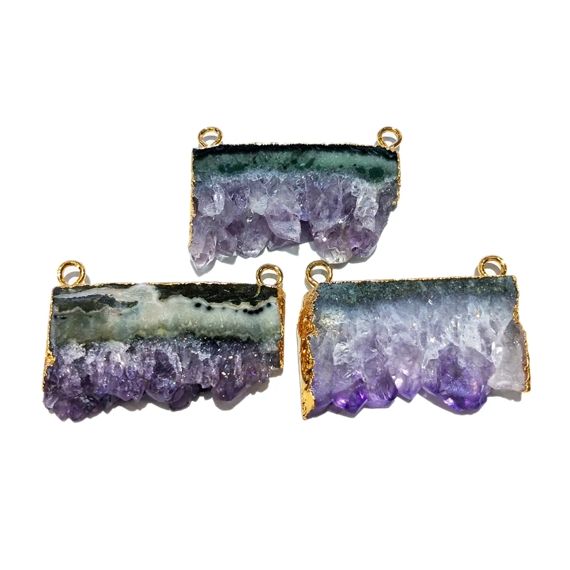 

Wholesale Natural Purple Raw Amethyst Connector 24k Gold Electroplated Pendant Connectors Raw Amethyst Slice Stalactite Amethy, Purple natural pendant