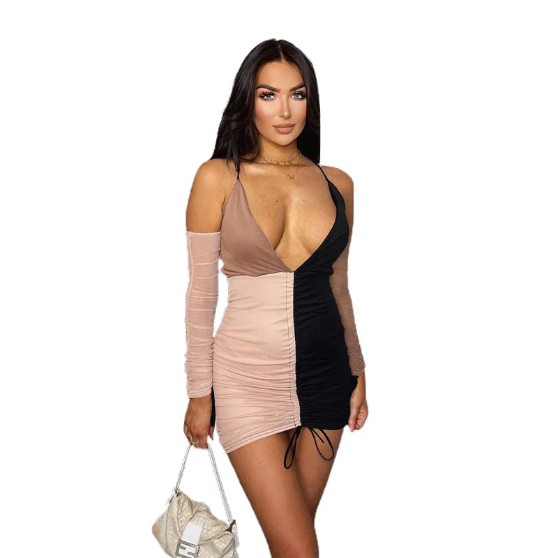 

2021 spring new women's sexy low-cut fashion contrast color design sense of slim hip dress women