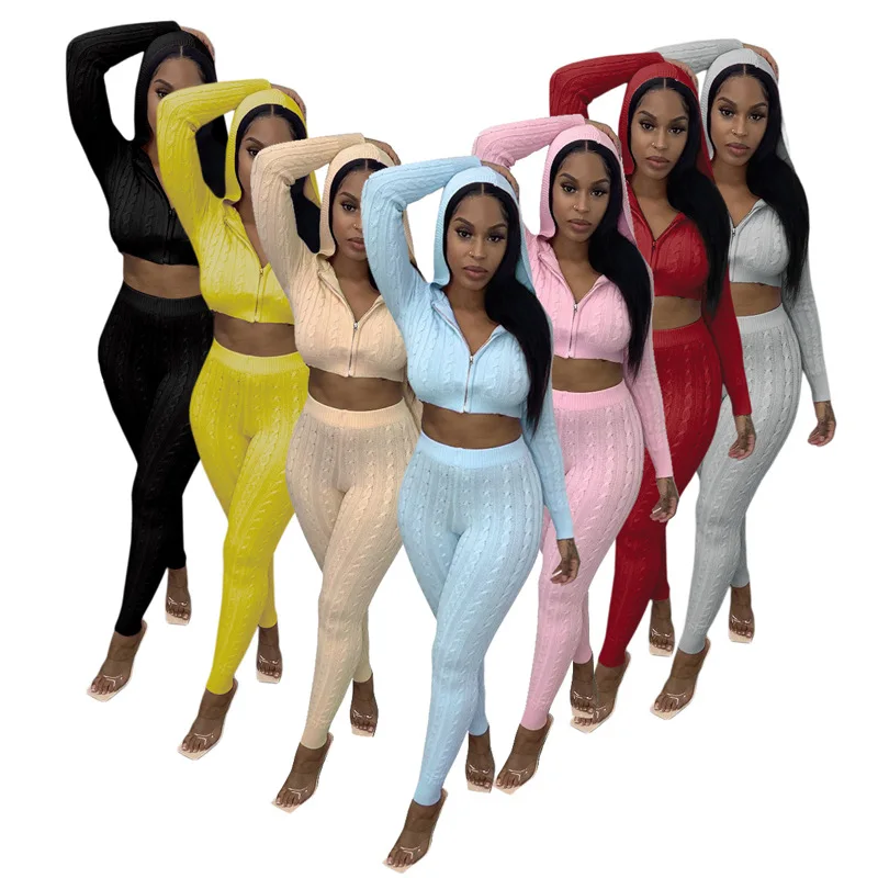 

Winter Thicker Fitness Knit Sweater Cropped Hoodie Set 2 Piece Sets Sweatsuit, Yellow/grey/pink/black/red/blue/beige/hot pink