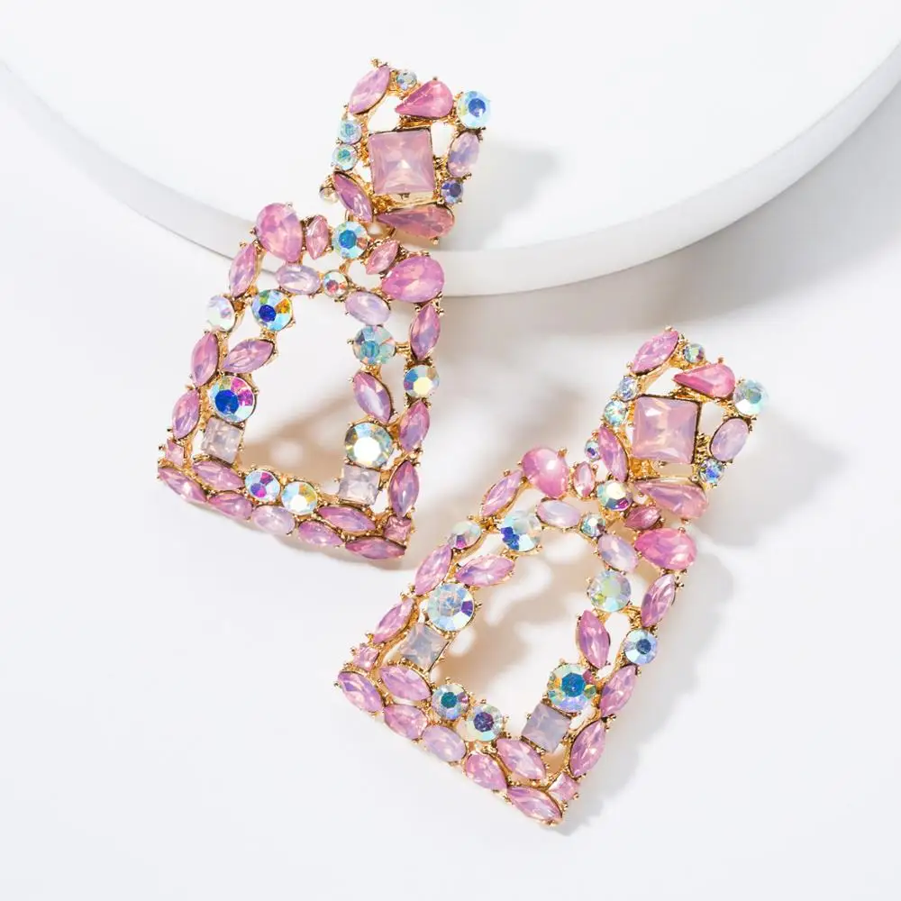 

Fashion Vintage Alloy Big Pink Trapezoidal Acrylic Diamond Rhinestone Gold Geometric Earrings Jewelry For Girls