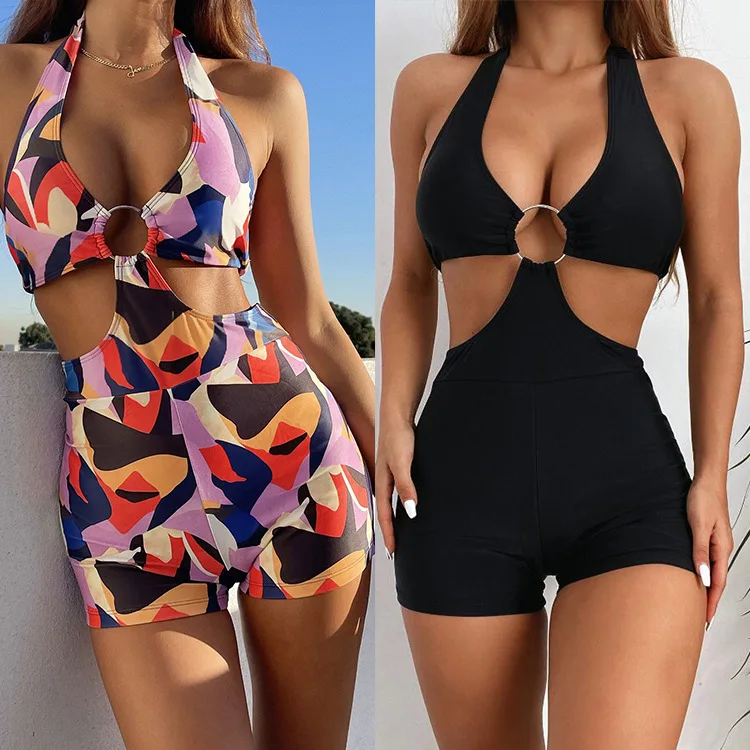 

OEM ODM Ring Cutout Halter Swimsuit One Piece Backless Black Print Bathing Suits Women Swimwear