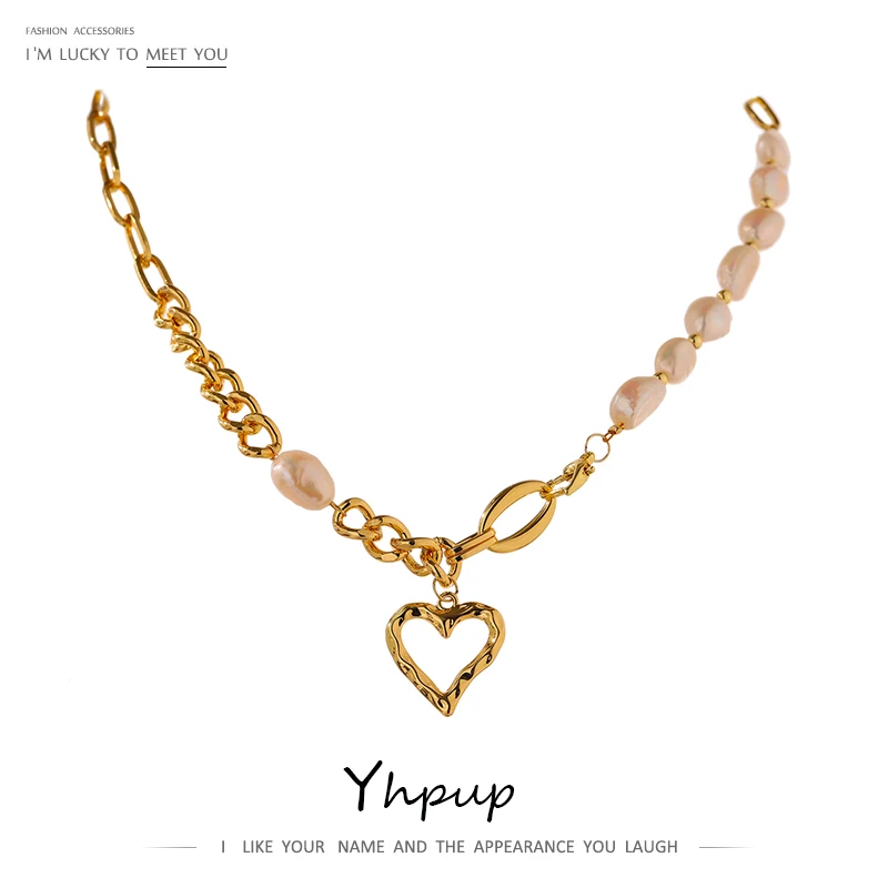 

JINYOU Golden Metal Zinc Alloy Jewelry Neckalce for Women Natural Pearl Heart Pendant Collar Necklace