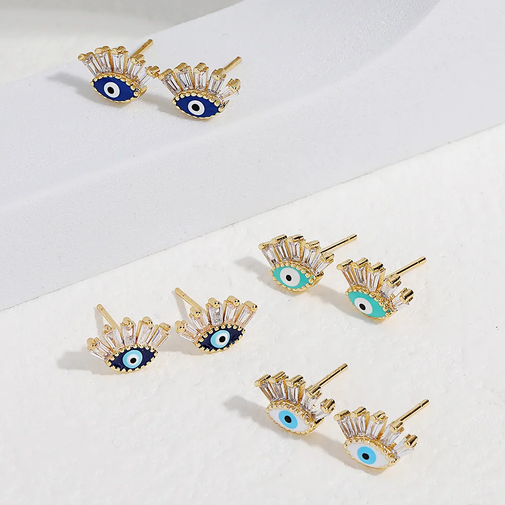 

Hot Sale Copper Gold Plated Evil Eye Earrings Celebrity Enamel Zircon Evil Eye Stud Earrings For Women