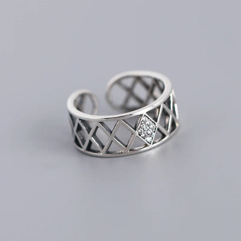 

Korean Women S925 Sterling Silver Rings Retro Geometry Hollow out Rhombus Adjustable Rings (SK859), As picture