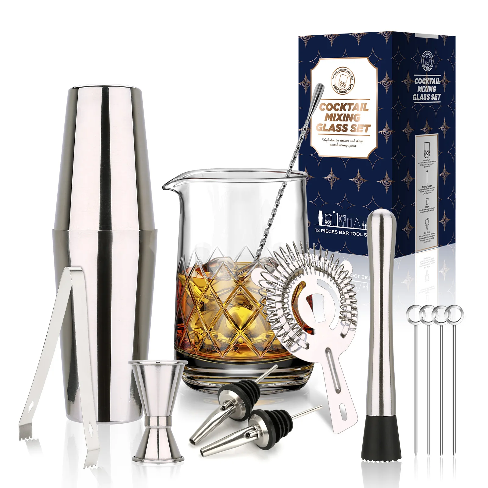 

750ml Crystal Cocktail Mixing Glass Set - 13 Psc Bartender Kit For Home Bar Party Makes A Great Gift