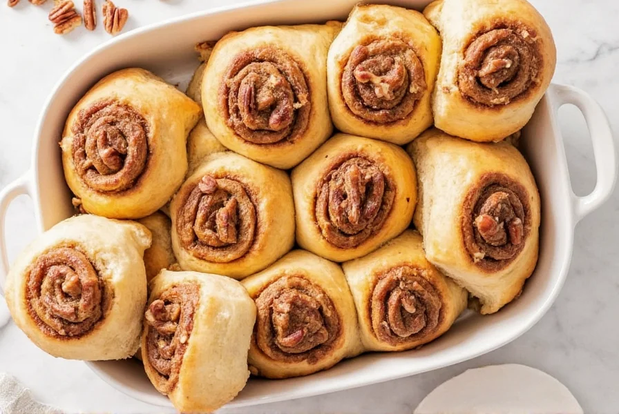 Finished pecan cinnamon rolls with caramel pecan topping on cast iron pan