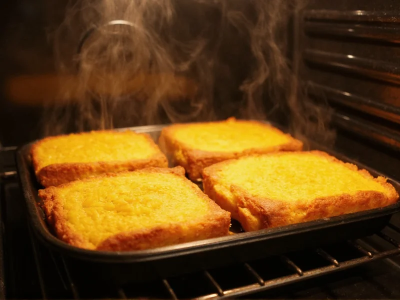 Corn bread slices reheating in oven with steam rising