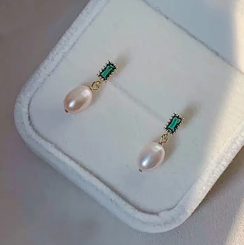 

2021 new emerald zircon s925 white fungus needle handmade water drop natural pearl earrings, As pictures