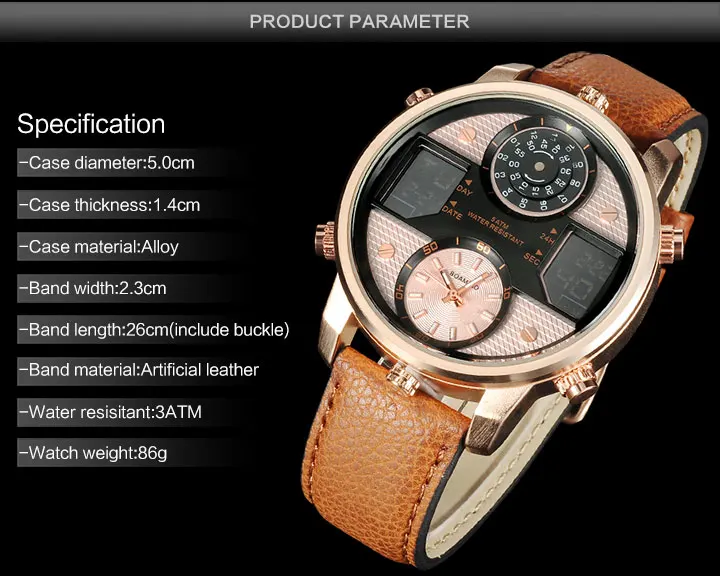 男士石英手表3时区手表BOAMIGO LED数字运动手表男皮革手表男士时钟F545