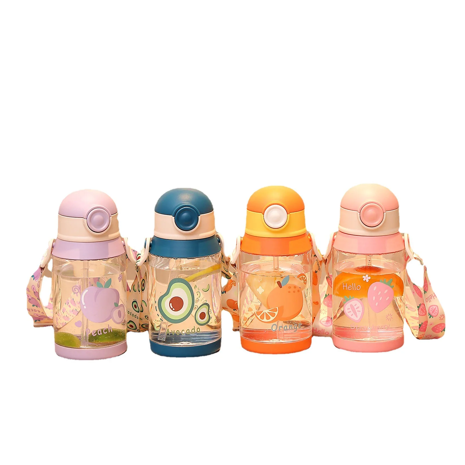 

Fruit Pattern Strap Straw Cup Fashionable diagonal student plastic cup Portable bomb cover children's cup