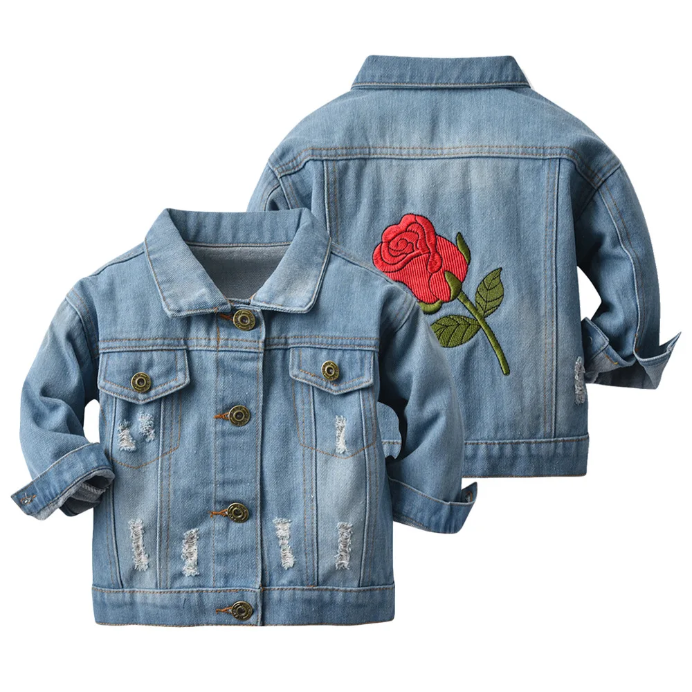 

Children's denim jacket with rose embroidery fashionable single-breasted lapel jacket