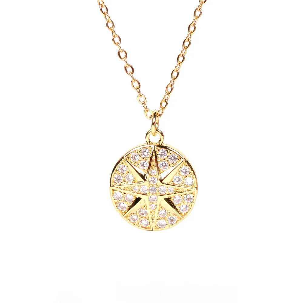 

Sailing Jewelry Octagonal Star Necklace CZ Coin Disc Zircon Necklace Octagon Disc Pendant Necklace