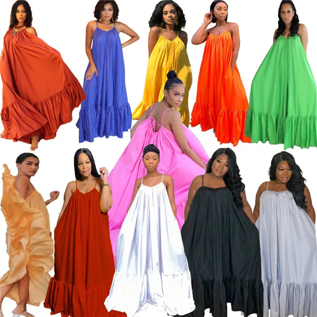 

2021 hot sale sexy sling solid color long loose hem slim dress, Picture color