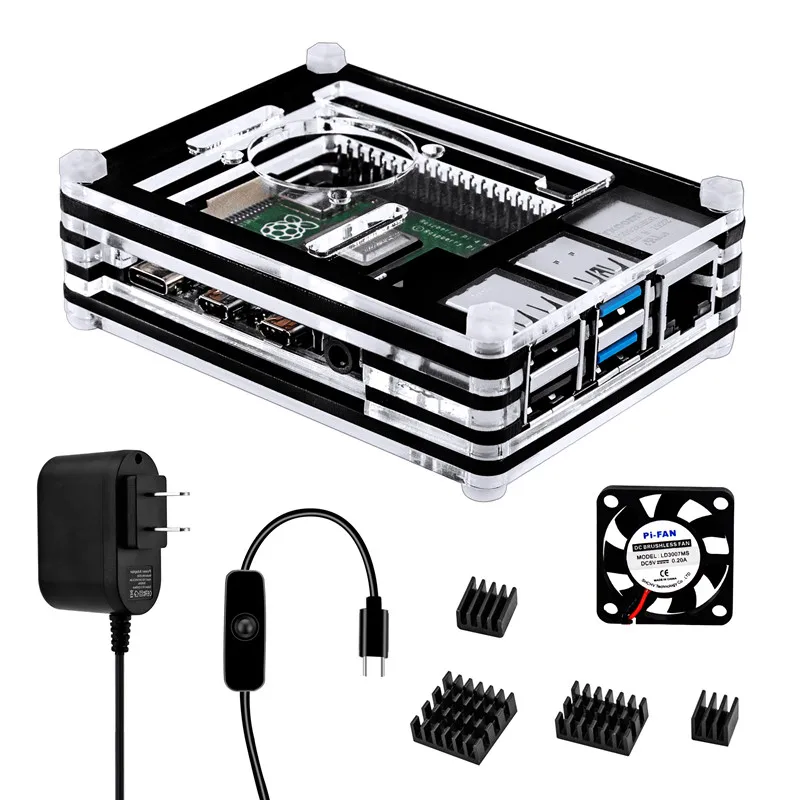 Raspberry Pi Acrylic Case Kit with Switch Power Supply & Cooling Fan & Heatsinks 
