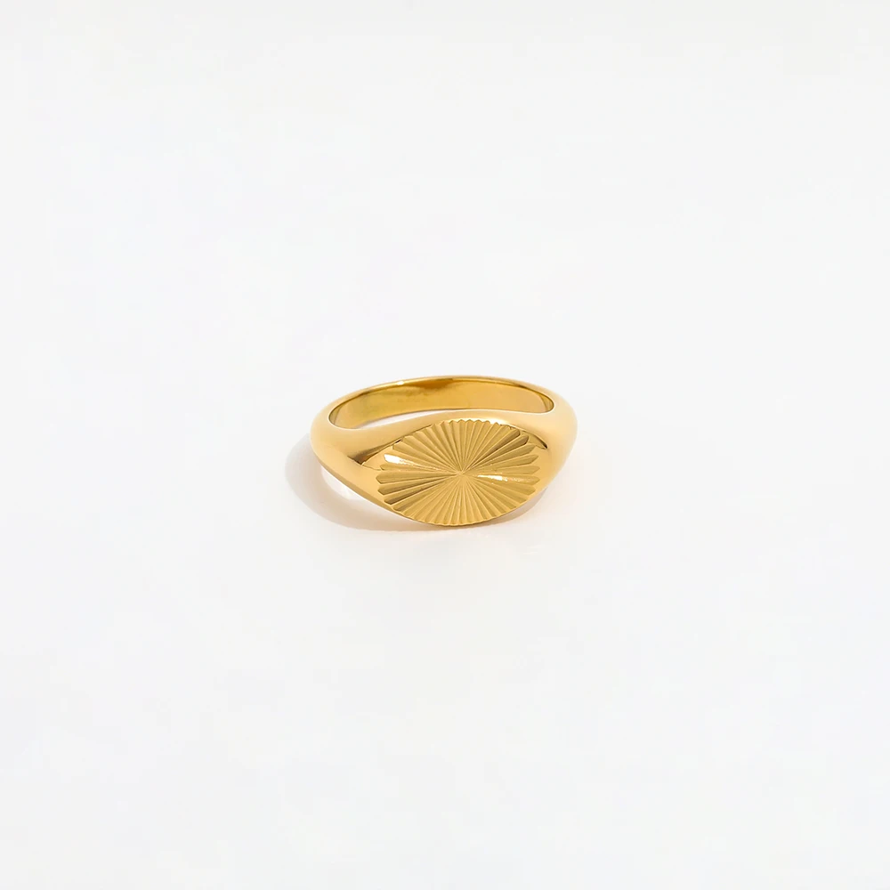 Joolim Jewelry Wholesale 18K Gold Plated Oval Sun Burst Stainless Steel Rings for Women Statement Rings
