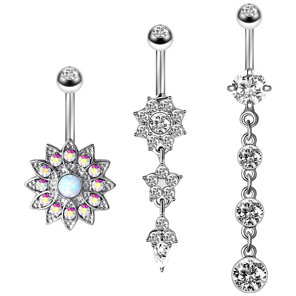 

HOVANCI 3pcs set Women Sexy Body Jewelry 316L Surgical Steel Belly Bars Navel Rings Flower Crystal Belly Button Rings Dangle, As picture