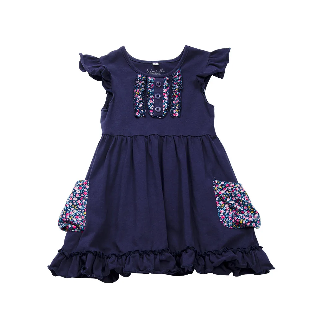 

Ready To Ship Toddler Girls Cotton Flutter Sleeve Button Dresses Summer Print Floral Ruffle Dress With Floral Pockets, Color as picture, or customized color
