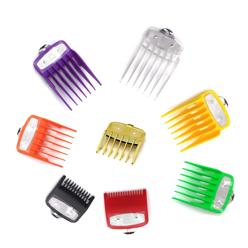 

10 sets can custom logo 9 Colors 8 pcs Universal Hair Limit Comb Guide Replacement Comb Luxury Comb opp/Acrylic box package, Gold,transparent,yellow,green,blue,purple,black,orange