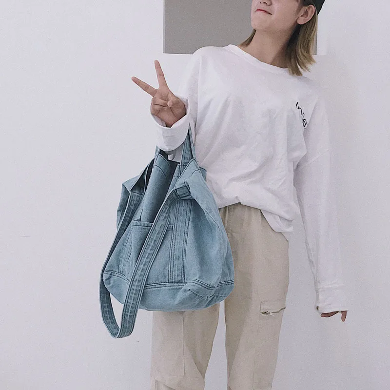

Trendy Fashion Womens Reusable Fashion Extra Large Canvas Tote Bags Shopping Denim Fabric Tote Jean Bag