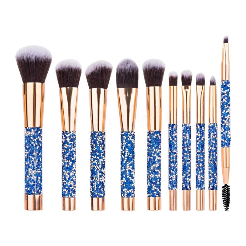 

Direct factory sale 10 pcs beauty rose golden cosmetic bling diamond makeup brush set for girl, Red, blue
