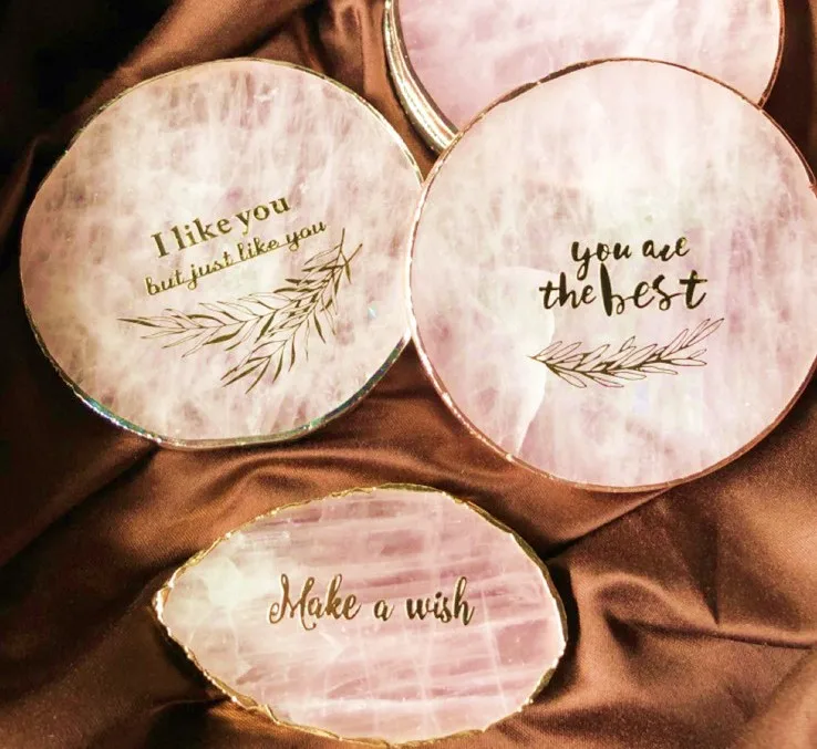 

Promotional custom made wedding gift heart shape agate rose quartz pink crystal coaster