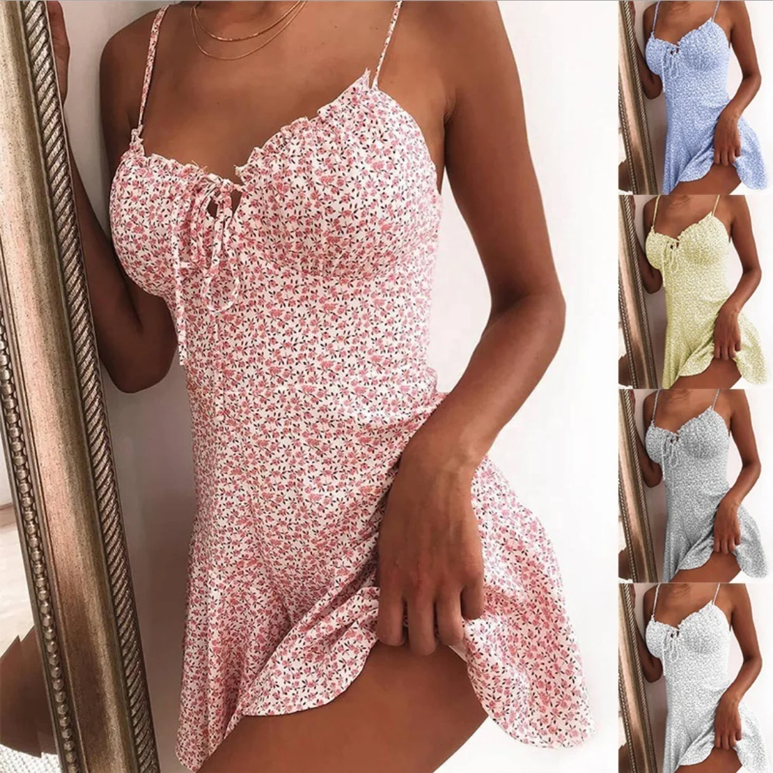 

Summer Tie Front V Neck Elegant Sexy Floral Print Mini Dress Fashion Women Spaghetti Strap Floral Print Dress Casual