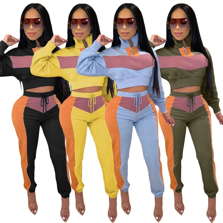 

Casual Winter Fall Clothing Long Sleeve Crop Top And Pants Two Piece Sweatpants Set, Light blue / yellow / army green / black / gray