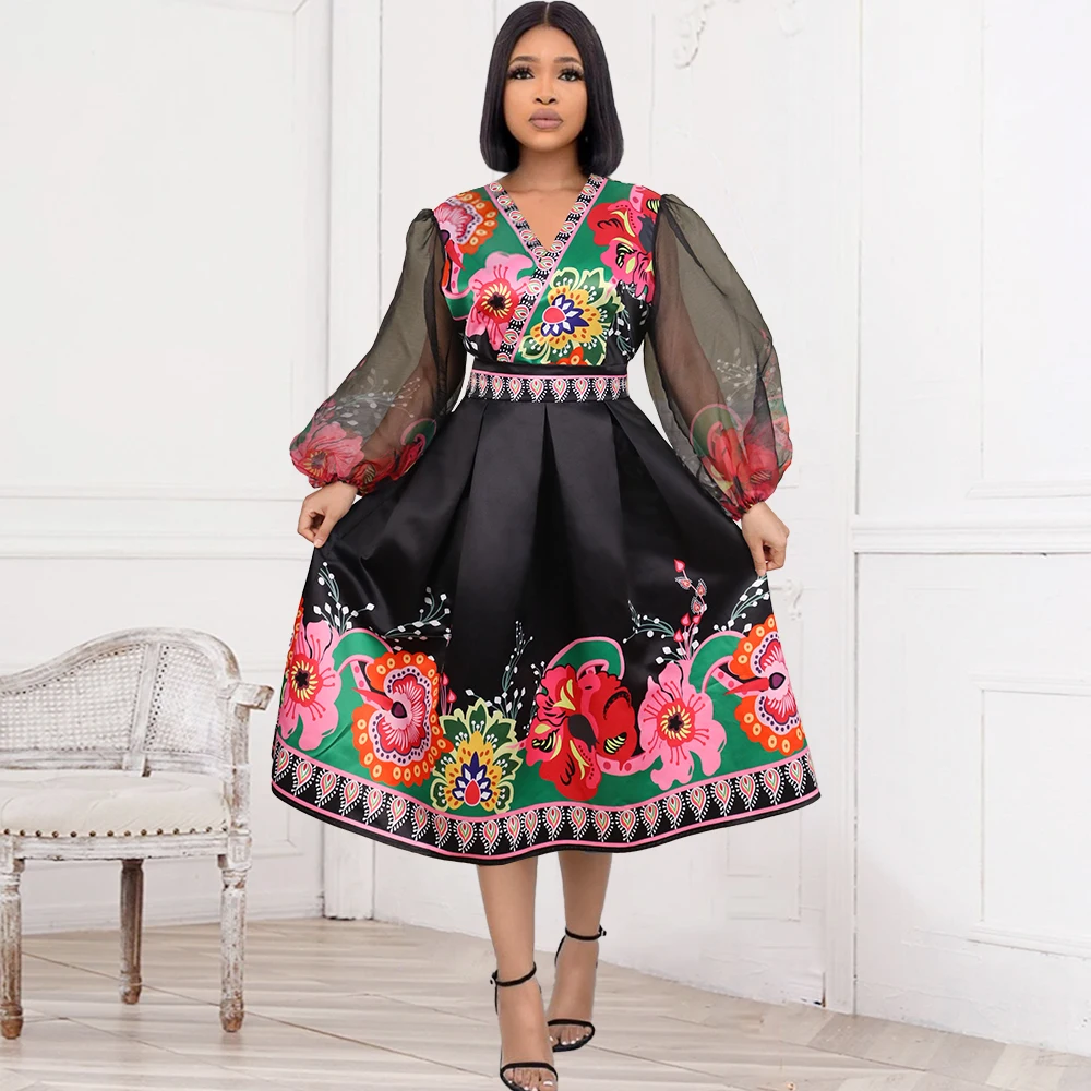 

Fall New 2022 V Neck Lantern Sleeve A-Line Printed Women Casual Dress, Black