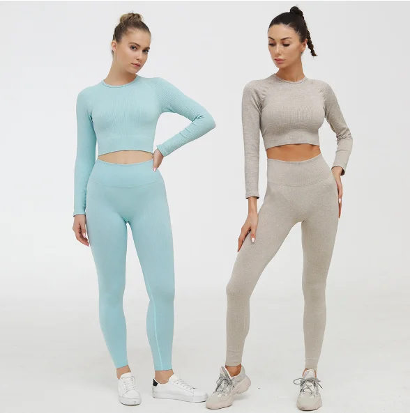 

Low MOQ Sportswear Outfits Gym Fitness Girls Long Sleeve Top Legging Set For Women 2021