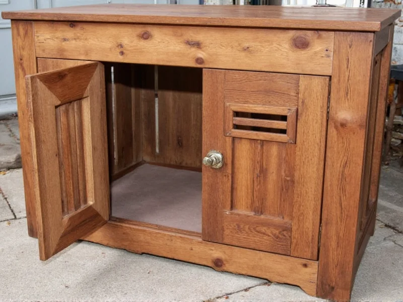 Reclaimed wood dog crate with ventilation slots and padded floor