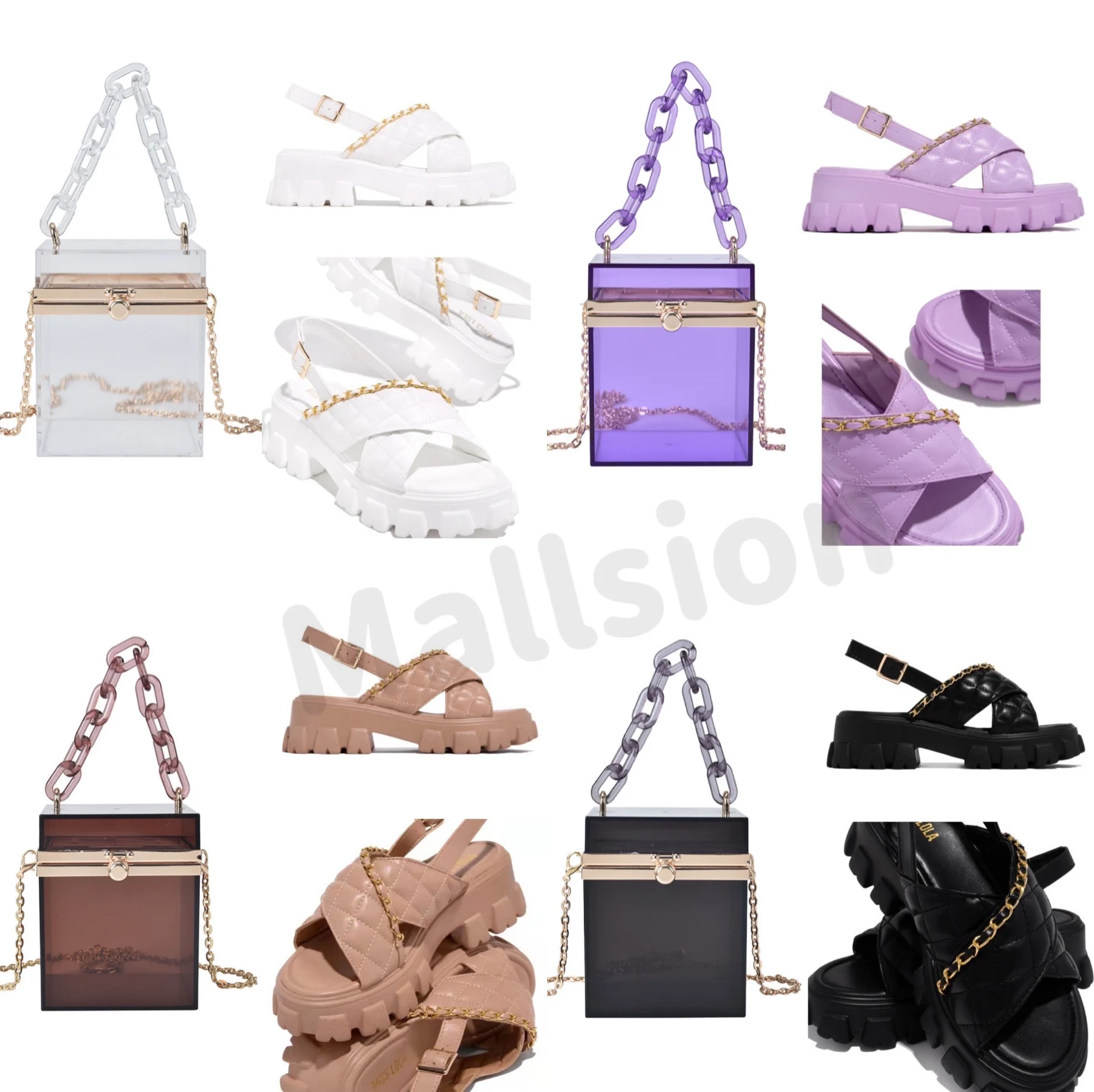 

2021 clear acrylic transparent box clutch purse bag and chunky chain wedge thick bottom and matching sandals shoes set ladies