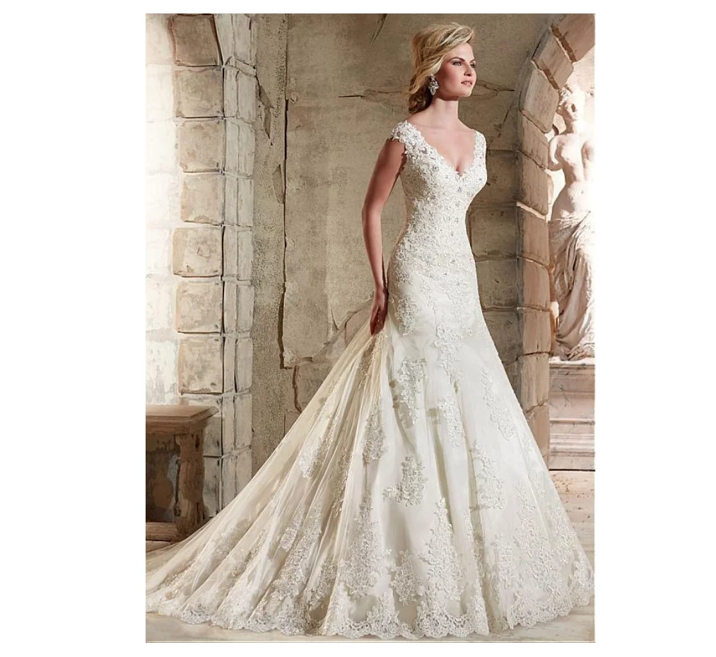 

Gorgeous Mermaid Wedding Gown Embroidered Floral Lace Bridal Dresses Sexy V-Neck Backless Wedding Dress robe de mariage