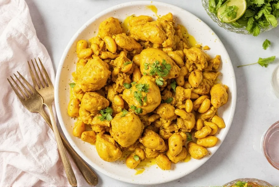 Golden turmeric chicken thighs in oven-safe skillet with lemon slices and fresh herbs