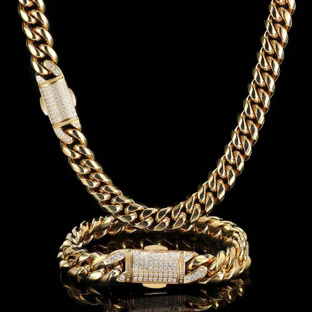 

Hot Sale 12mm Hip Hop Jewelry Mens Gold Chain PVD 18K Gold Stainless Steel Miami Cuban Link Chain Necklace