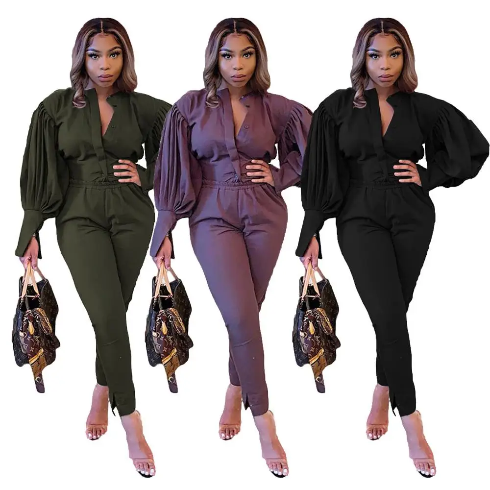 

Amazon M039 Popular Wish Cross-border Women's Clothing Long Sleeve Open Pants Puff Comfortable Sports Solid Color Two-piece Set