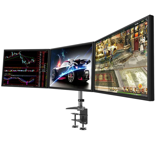 
Black triple monitor adjustable desk mount 3 monitor stand fits 15-27 inch computer screens 
