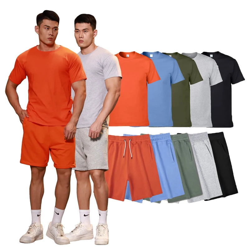 

High Quality Summer Jogger Mens Cotton Top and Bottom Men Short Set 2 Piece Suit Shirts Shorts Set For Men sportswear