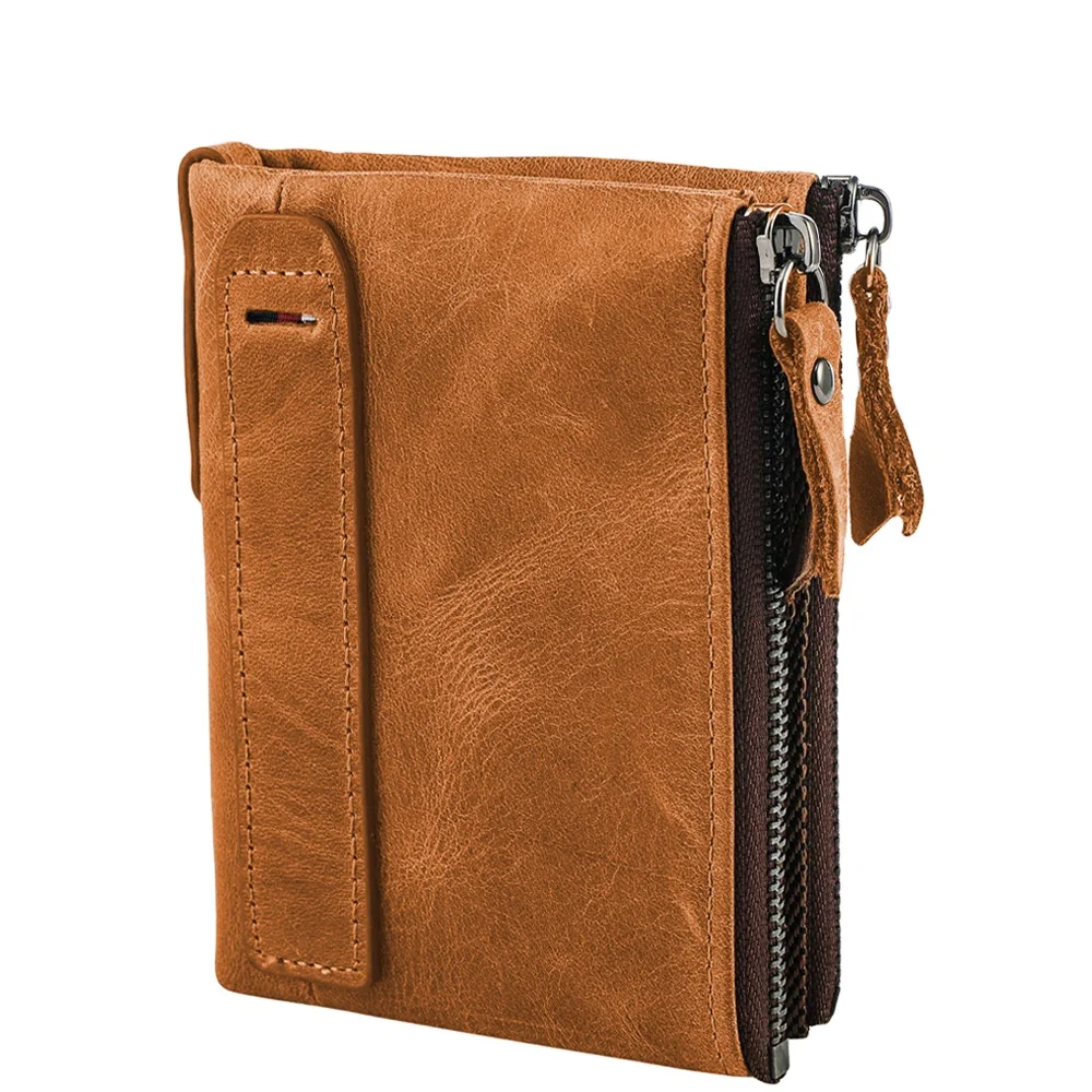 

Mens Genuine Leather Wallet Short Bifold Zipper RFID Blocking Vintage Wallets with ID Window Credit Card Holder, Red, purple, green, blue