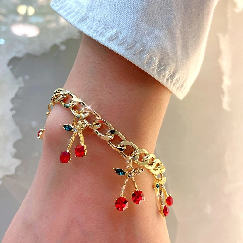 

Fashion Charm Party Jewelry Gold Silver Plated Adjustable Bracelet Cute Crystal Cherry Bracelets for Women, Gold,silver color