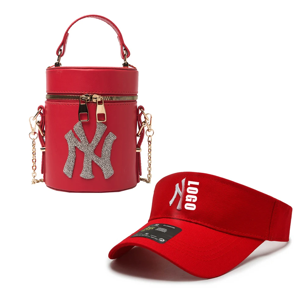

2021 New arrival fashion NY purse empty top hat set women summer beach brand famous designer NY bucket handbag and visors set, Accept customized