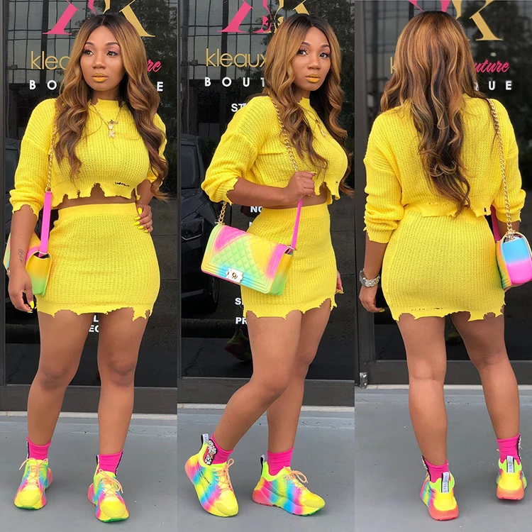 

Shein Solid Color Long Sleeve Irregular Hem Crop Top And Short Mini Skirt Set Outfits For Woman 2 Two Piece Sweater Skirts Sets, White,yellow,gray,black,bordeaux red